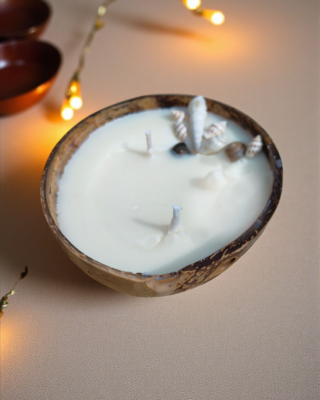 Coconut Shell Candle with Seashells – Handcrafted Scented Eco Candle (3.5"–4")