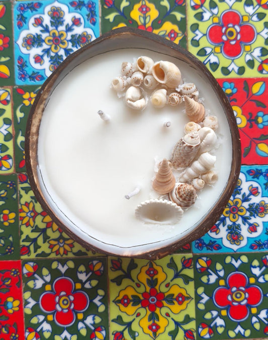 Coconut Shell Candle with Seashells – Handcrafted Scented Eco Candle (3.5"–4")