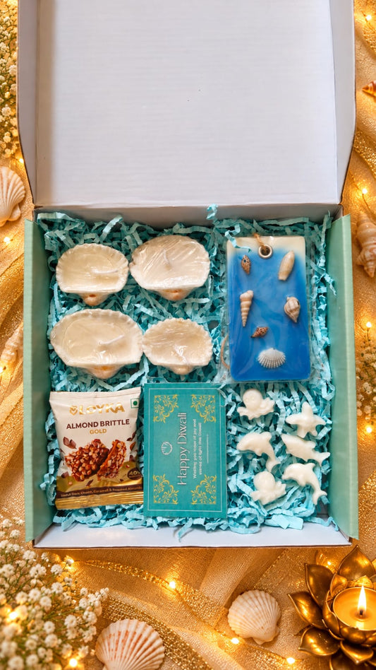 The Coastal Calm Gift Hamper | Seashell Wax Sachet & Ocean Wax Melts – Diwali Gift Box