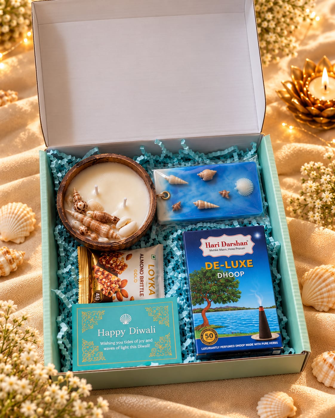 Coastal Diwali Rituals Hamper | Seashell Candle, Wax Sachet & Festive Gifts