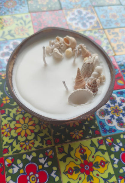 Coconut Shell Candle with Seashells – Handcrafted Scented Eco Candle (3.5"–4")