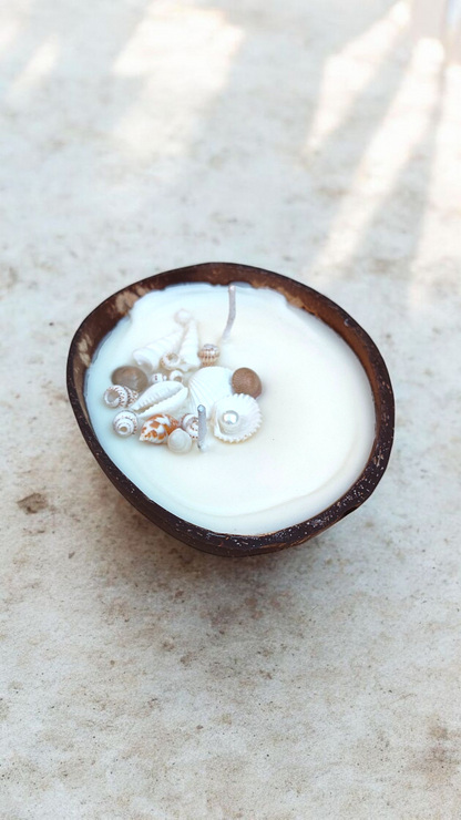 Coconut Shell Candle with Seashells – Handcrafted Vanilla Scented Eco Candle (3.5"–4")
