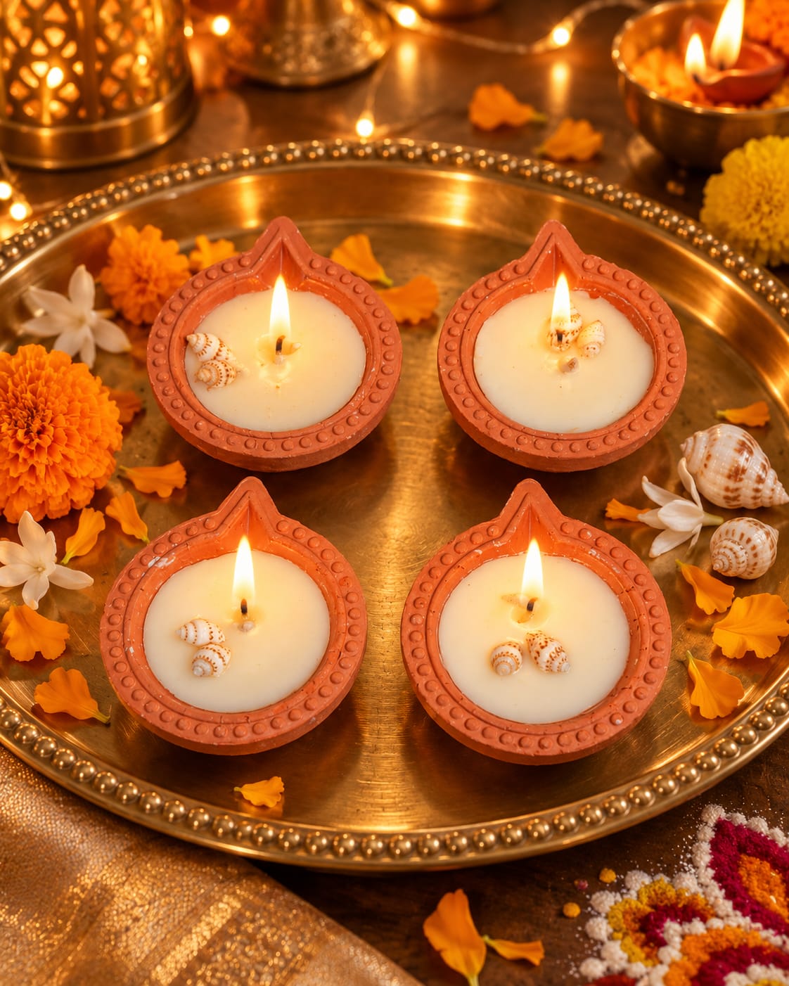 Festive Seashell Diyas – Vanilla Scented Clay Candles (2.5")