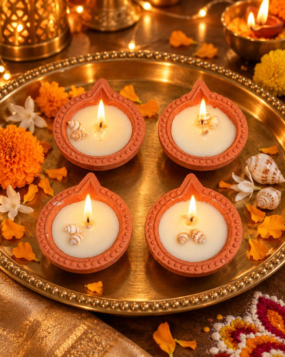 Festive Seashell Diyas – Vanilla Scented Clay Candles (2.5")