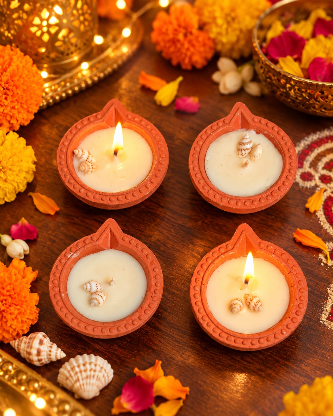 Festive Seashell Diyas – Vanilla Scented Clay Candles (2.5")